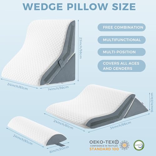3-in-1 Orthopädisches Bett Keilkissen Set Verstellbar Memory-Schaum Faltendes Dreieckskissen zur Unterstützung von Beinen Knien, Schlafapnoe, Rückenschmerzen, Linderung von Sodbrennen, Schnarchen