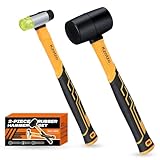 2-Piece Rubber Mallet Hammer Set, 8oz Rubber Hammer Mallet & 25mm Double-Faced Soft Mallet, Shockproof Fiberglass Handle with Cushion Grip, Damage-Free to Floor, Tile, Crafts