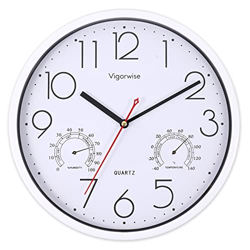 Image of Vigorwise Wall Clock, Sweep Silent Movement Accurate Clocks with Temperature & Humidity, Decorative for Kitchen/Living Room/Bedroom/Office/School/Classroom (White, 12 inch)