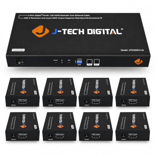 J-Tech Digital ProAV 1X8 HDMI Extender HDMI Amplifier HDMI Splitter Over Ethernet Cable with Bi-Direction IR and EDID Functions (1x8) by J-Tech Digital - Used condition - US$145.10