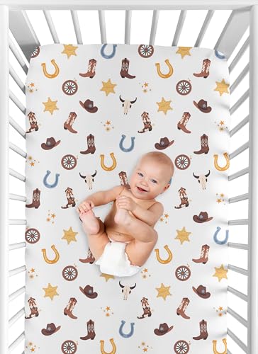 Image of Sweet Jojo Designs Fitted Baby Crib Sheets (Boho Western Cowboy) for Boys, Infant Nursery, Toddler Room - Standard Size (Blue, Bohemian Vintage Wild West, Cow Boy Boots Southern Charm, Longhorn Skull)