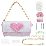 WEBEEDY Kit de bolsa de malha de plástico coração faça você mesmo, conjunto de confecção de bolsa de tricô, com folhas de lona de plástico, fio branco e rosa, correntes e instruções, kit de bolsa de