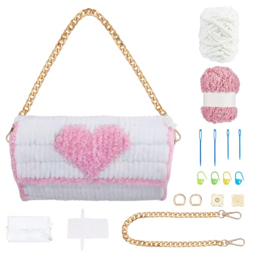WEBEEDY Kit de bolsa de malha de plástico coração faça você mesmo, conjunto de confecção de bolsa de tricô, com folhas de lona de plástico, fio branco e rosa, correntes e instruções, kit de bolsa de