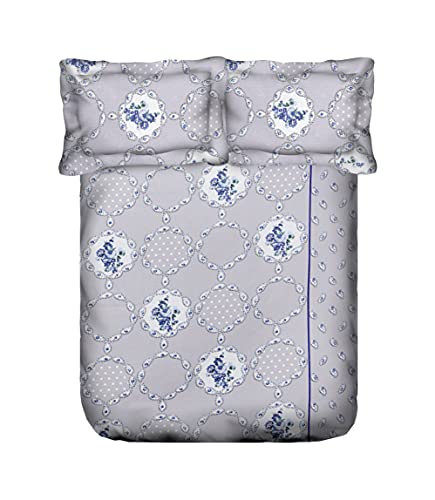 Image of Swayam Roto Cotton Single Bedsheet with 1 Pillow Cover | Size 60 x 90 inch | 144 TC | Floral Design | Soft Breathable Bed Sheet | Comfortable & Durable for Bedroom - Grey & Blue