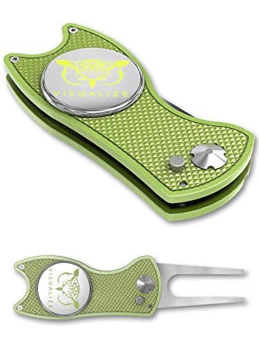 VISUALIZE Premium Golf Divot Repair Tool Kits with Ball Marker- Favorite Golf Gift Sets - Anodized Aluminum Switchblade-Style - Premium Feel & Durability (Green)