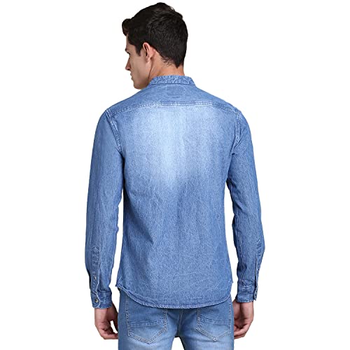 Image of Dennis Lingo Men's Solid Denim Cotton Slim Fit Full Sleeve Mandarin Collar Casual Shirt