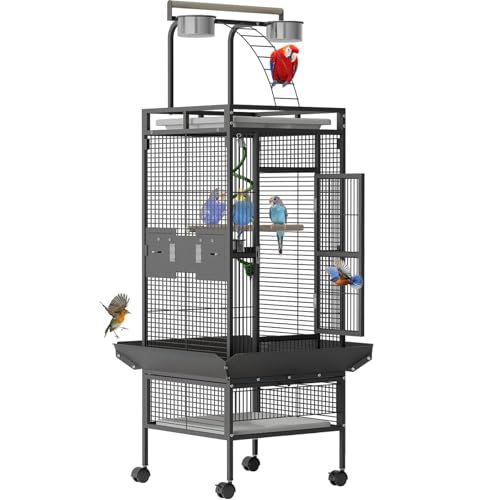 60 Inch Large Bird Cage - Wrought Iron Bird Cage with Rolling Stand, Play Top, 4 Stainless Steel Bowls, Slide-Out Tray, Metal Parrot Cage for Cockatiel, Conure, Budgie, Lovebird - Black