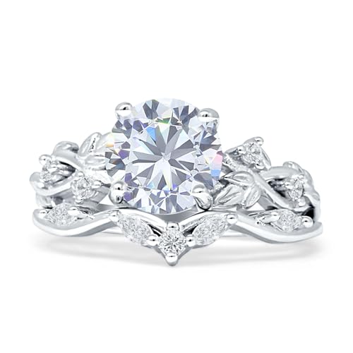 OMRANII Two Piece Round Shaped Art Deco Infinity Twisted leaf Design Marquise Cubic Zirconia Bridal Set Wedding Engagement Ring 925 Sterling Silver