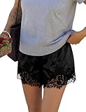 LOMON Women's Lace Trim Satin Shorts Elastic Waist Mini Shorts Coquette Lounge Half Slip Pj Bottoms French Knickers Pitch Black XS