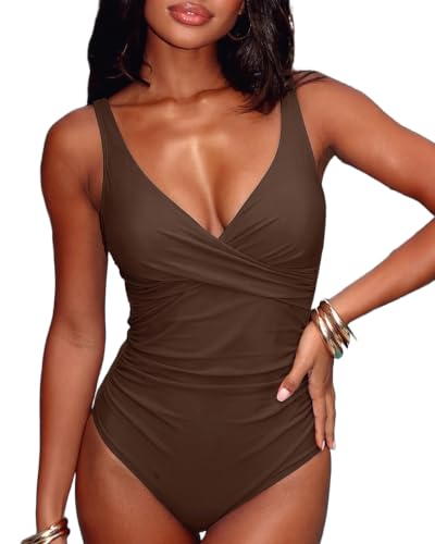 ESONLAR Womens One Piece Swimsuits Tummy Control Push up Bathing Suit Adjustable Strap Padded Swimwear Brown M