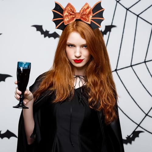 Halloween Headband Party Decorations for Girls, Halloween Hair Accessories Cute Orange Sequined Bow Bat Hair Hoop Hallowen Headbands for Women Girls Makeup Costume Decoration Party Photo Props - Image 6