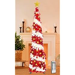 HISFFOG 5FT Pop Up Christmas Tree with 8 Rmote Lights Modes - Dual Color Sequin Tinsel Christmas Tree, Collapsible Artificial Pencil Christmas Trees Decorations for Home, Apartment, Office, Party