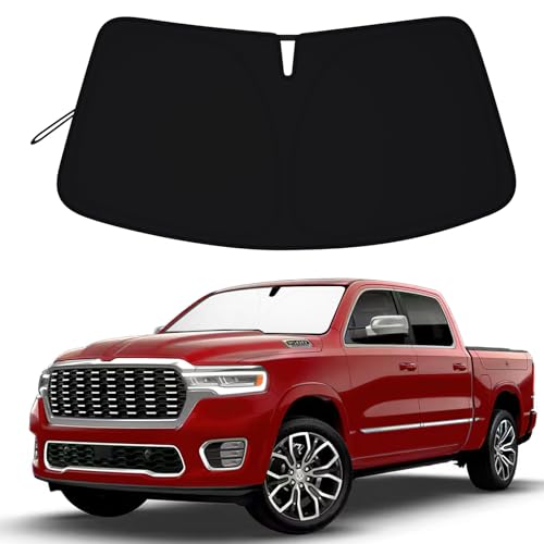 Image of Windshield Sun Shade Compatible with 2019-2026 Dodge RAM 1500, Custom Fit Foldable Sun Visor 310T UV Heat Block