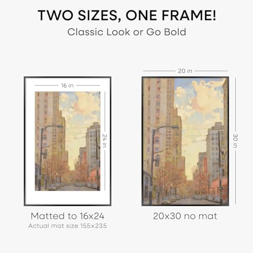 Image of Homeforia 20x30 Poster Frame Black, High End Metal 20 x 30 Picture Frames with Mat 16 by 24 inch Photo, 30x20 Large Frame for Wall, 20x30 Thin Frame Matted to 16x24, Tempered Glass, Wall Kit, Set of 2
