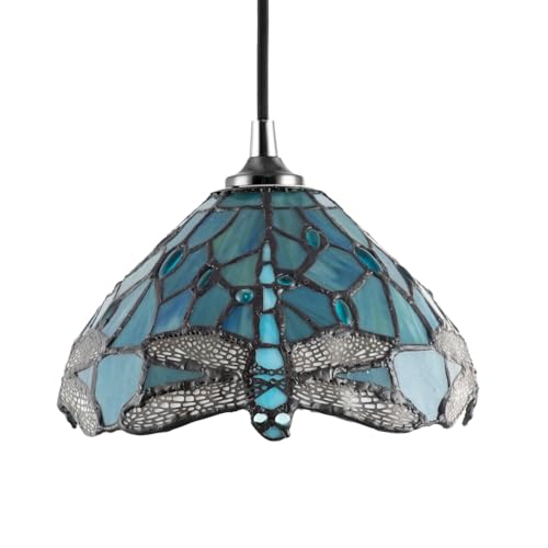 Traditional Dragonfly Themed Emerald Green Stained Glass Tiffany Pendant Lamp Shade with Blue and Clear Beads | 20cm x 14cm | 40w Maximum by Happy Homewares