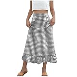 Women's Plaid Maxi Skirts A-Line Ruffle Hem Layer Y2k Flowy Casual Long Skirts Fashion High Waisted Gingham Skirt Gray