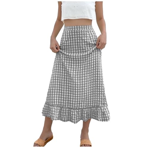 Women's Plaid Maxi Skirts A-Line Ruffle Hem Layer Y2k Flowy Casual Long Skirts Fashion High Waisted Gingham Skirt Gray