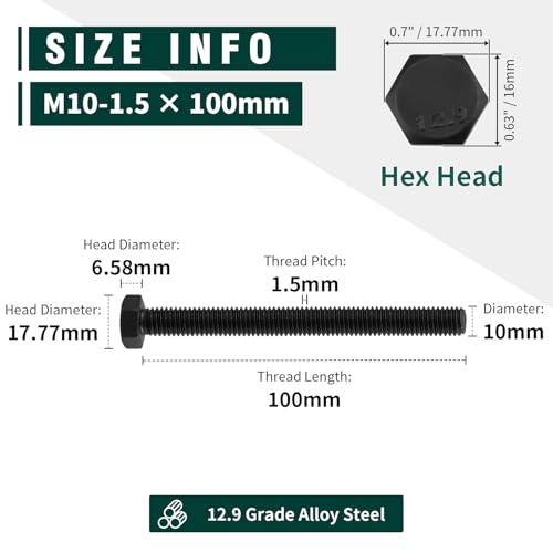 Image of M10-1.5 x 100mm Hex Bolts, High-Strength Metric Class 12.9 Steel Hex Head Screws for Valves Pumps Motors Automotive Suspension Systems, Black Oxide, Full Thread, 6-Pack