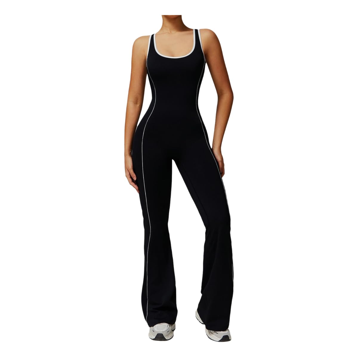 Mono de yoga para mujer con espalda hueca y pantalon acampanado plisado en color negro talla L