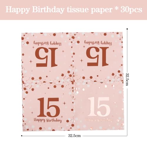 Servietten 15. geburtstag, 30 Stück Rosa Geburtstags Servietten, Happy Birthday 15 Servietten, 3-Lagig Milestone 15 Tischdekoration Papierservietten für mädchen Geburtstag Feiern Party Jubiläum