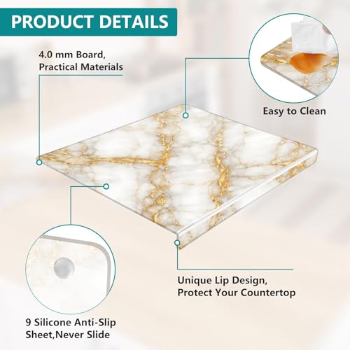 Tabla de cortar acrílica con borde elevado 41.91 x 34.04 cm, blanca con detalles dorados, antideslizante, para cocina y protección de encimeras miniatura 4