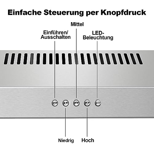 TopStrong Dunstabzugshaube 60cm Unterbau, Dunstabzugshaube 60cm Umluft/Abluft 201 m³/h, abzugshaube mit Aktivkohlefilter CF-K, Edelstahl, 3 Stufen, 2W LED-Licht