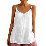 ONLYSTORY Womens Linen Camisole Tank Tops Summer Casual Sleeveless V Neck Loose Fit Spaghetti Strap Cami Shirts White