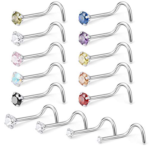 Lcolyoli Nose Rings Screw 18 Gauge Surgical Steel Nose Studs Crystal Hypoallergenic Body Piercing Jewelry 3MM Diamond CZ 14 Pieces Silver-Tone