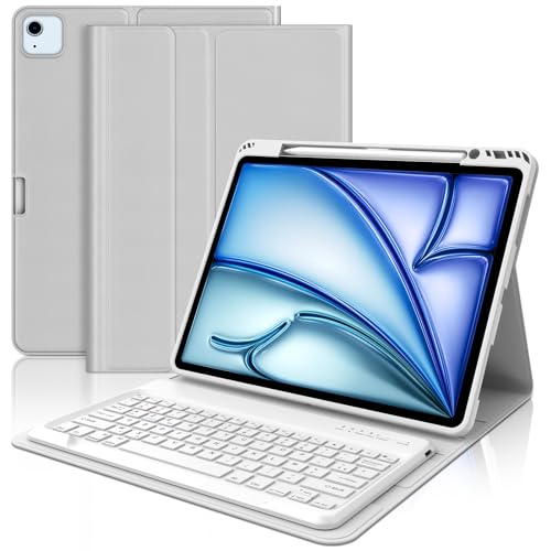WAVATA Clavier pour iPad Air 13 M2 2024/M3 2025, iPad Pro 12.9 6e/5e/4e/3e Gén 2022/2021/2020/2018, Coque Clavier Magnétique Détachable Français AZERTY Layout, Gris Clair