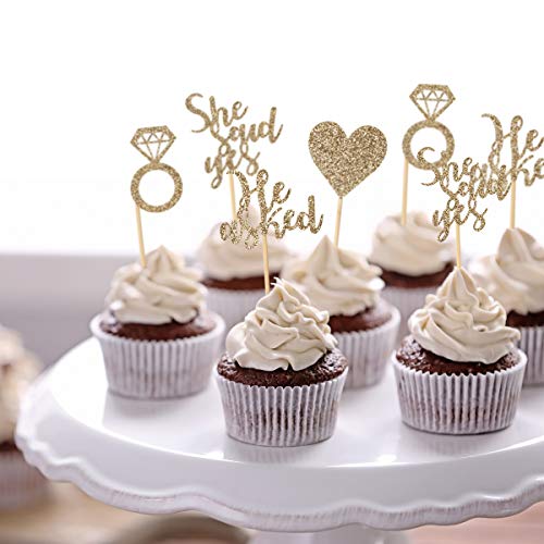 Donoter 48 Pcs Light Gold He Asked She Said Yes Cupcake Toppers Diamond Ring Heart Cake Picks For Wedding Engagement Party Cake Decorations #TOP2