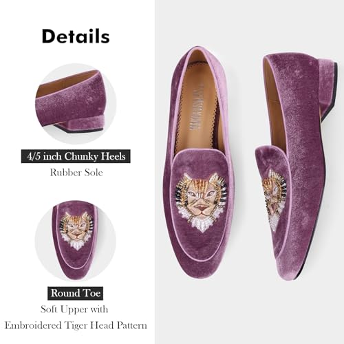Image of Embroidered Loafers for Women Round Toe Chunky Heel Velvet Flats with Lion Head Pattern Wide Width Dress Casual Shoes