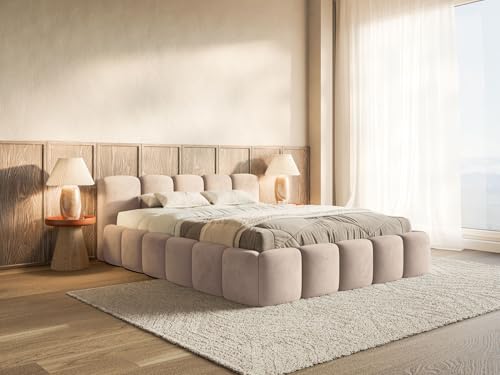 Selsey Polsterbett 180x200 cm Modernes Design, Stabiler Metallrahmen mit Gasdruckfedern Piano-Veloursstoff in Beige Bett mit Bettkasten Maximale Belastung 250 kg