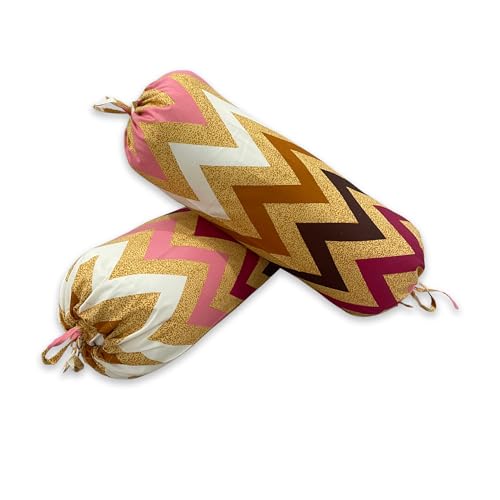 Image of Swayam Set of 2 Pure Cotton Bolster Cover | 30x30 Inch | Soft Breathable Masnad Cover 200TC | Durable & Washable | Geometric Print Bolster Cover for Diwan, Bed & Sofa - Mustard