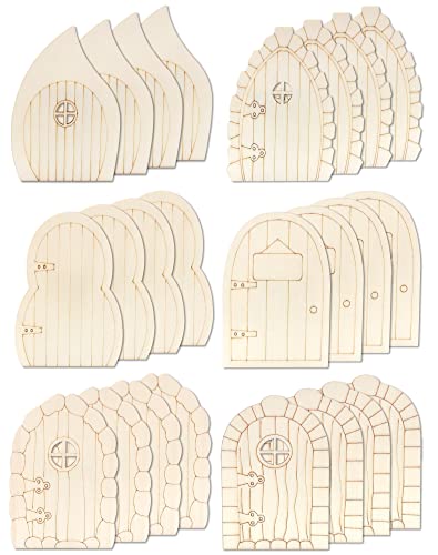 Cinvo 24 Pcs Wooden Fairy Doors Kit - Unfinished Miniature DIY Craft Doors with 6 Styles, Natural Wood Elf Door Blanks for Fairy Garden Decor, Christmas Crafts, Mini House Accessories