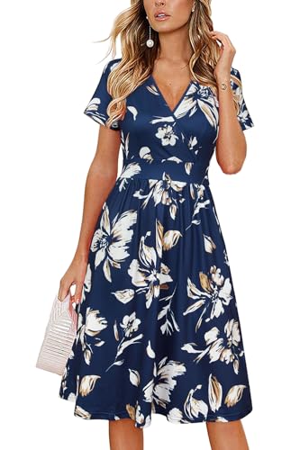 VOTEPRETTY Sommerkleid Damen Knielang Kleid Kurzarm V Ausschnitt Wickelkleid Blumen Midikleid mit Taschen(Navy Apricot Flower,M)