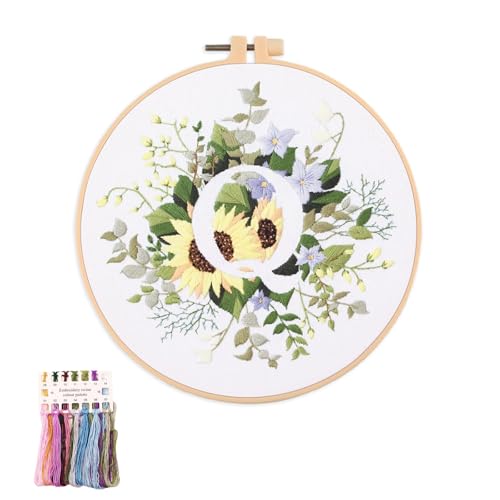 Image of artcici Embroidery Kits Plant Flower Leaf English Letter Patterns for Beginners Adults, Full Range Embroidery Starter Kits Cross Stitch Needlework Supplies (Letter Q)