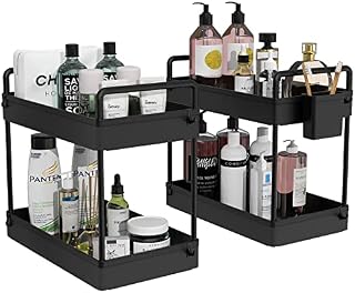 Ronlap 2 Pack Under Sink Organizers and Storage, 2 Tier Bathroom Organizer Under Sink with Handle Hanging Cup Dividers, Plastic Kitchen Organization and Storage Under Sink Cabinet Counter Shelf, Black