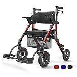 VOCIC 2 in 1 Rollstuhl Rollator Faltbar und Leicht mit Sitz,Outdoor Gummireifen für Allen Gelände,Leichtgewicht Rollatoren mit Netztasche,Aluminium Gehhilfer Transport-Stuhl,Rot (5 Jahre Support)