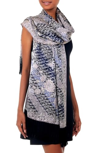 NOVICA Artisan Handmade Silk Batik Shawl Accessories Shawls Black Multicolor Patterned Indonesia Floral ' Butterfly Blossoms'