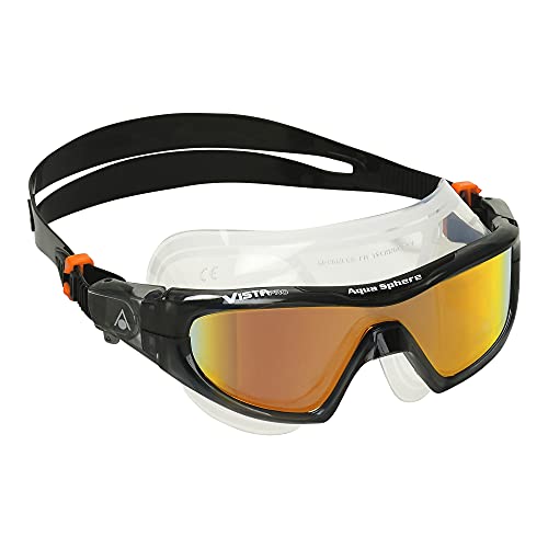 Aquasphere Vista Pro Adult Swim Goggles - Curved Single Lens Vision Design - Perfect for the Open Water Adventure Swimmer | Unisex Adult, Orange Titanium-Mirrored Lens, Dark Gray/Black Frame