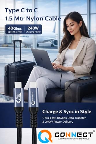 Image of Q-CONNECT 1.5Mtr Type C to Type C USB 3.2 with 240W PD and 40Gbps Data Transfer with 4K /60Hz Video Transmission - Nylon Braided High Speed Charging /Sync Cable with Aluminum Connector (2year warranty)