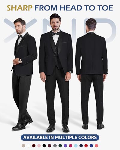YND Men's 3 Piece Tuxedo Set with Bow Tie, Slim Fit One Button Shawl Lapel Suit Blazer Vest Pants, for Wedding Prom Dinners2