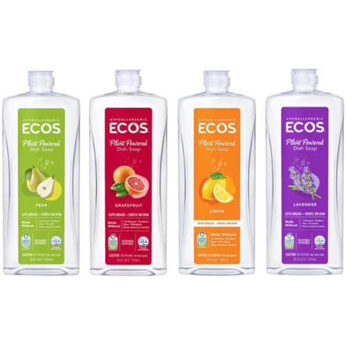 ECOS Plant Based Dish Soap Variety Pack - Natural Dishwashing Liquid Cuts Grease - Hypoallergenic for Sensitive Skin - Free & Clear Lavender Grapefruit Pear - 25 Oz (4 Pack)