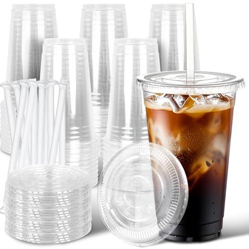 Ginkgo 50 Pack 20 oz Plastic Iced Coffee Cups with Lids and Straws Clear Disposable To Go Cups for Coffee Cold Drinks Smoothie and Coffee Bar Accessories