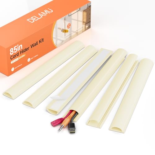 Delamu 85in Adhesive Cord Hider Wall, Mounted TV Cord Cover Kit, Multiple Cable Raceways for Wall Corner, Wire Cover Hiders for 2-3 Cables, 1.57" W X 0.59" H, Beige