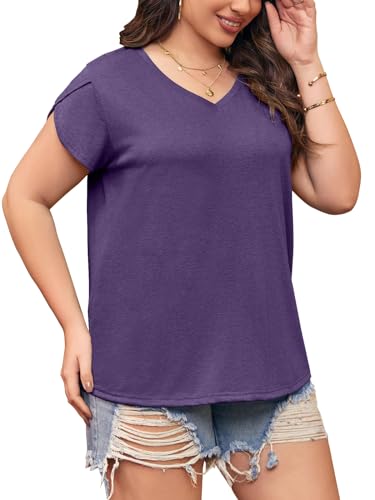 Womens Plus Size Tops V Neck T Shirts Casual Loose Petal Sleeve Tee Shirts3