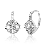 Mia Sarine Rhodium Plated 925 Sterling Silver Cluster Drop Antique Look Cubic Zirconia Leverback Earrings for Women White