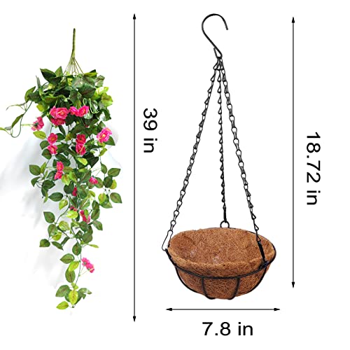 Artificial Hanging Basket With Flowers Rose, Uv Resistant Fake Plastic Faux Flower Fabric Vine For Indoor Outdoor Garden Porch Eave Wedding Wall Decor (Rose Red) #TOP4