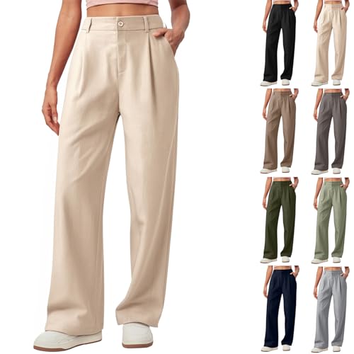Women Linen Pants Summer Wide Leg Dress Pants High Waisted Button Down Work Pant Boho Palazzo Pant with Pockets