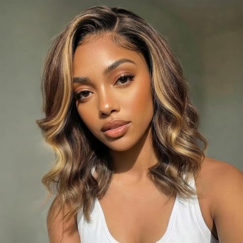 Douyin Honey Blonde Bob Wig Human Hair 14 Inch 13x4 Body Wave 4/27 Highlight Ombre HD Lace Front Wigs Human Hair Pre Plucked Glueless Lace Frontal Bob Wigs for Women
